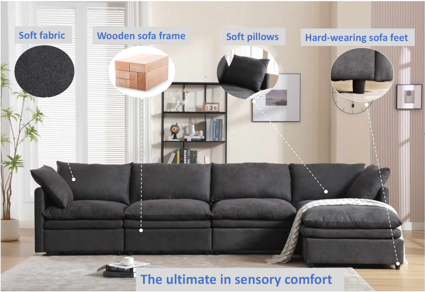 Modern U-shaped Sectional Sofa ,5-seat Upholstered  Sofa Furniture,Sleeper Sofa Couch with Chaise Lounge for Living Room,Apartment,Dark Gray,Polyester