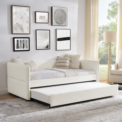 Daybed with Trundle Upholstered Tufted Sofa Bed, Twin Size, Boucle Fabric, Beige (83"x43"x29.5")