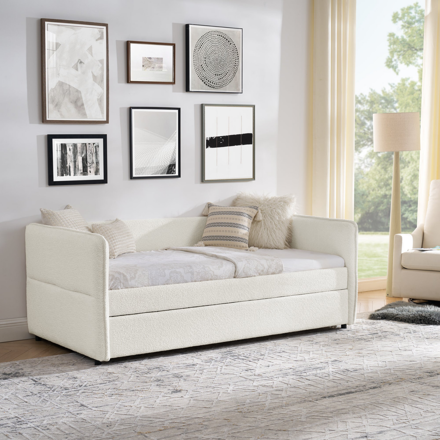Daybed with Trundle Upholstered Tufted Sofa Bed, Twin Size, Boucle Fabric, Beige (83"x43"x29.5")