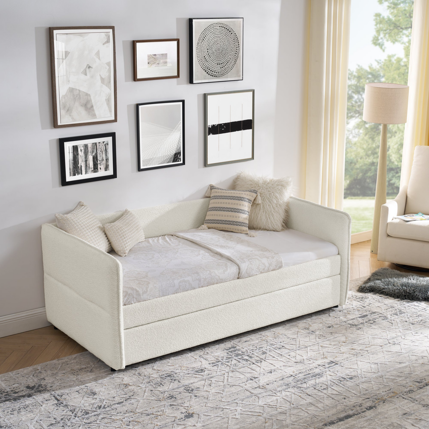 Daybed with Trundle Upholstered Tufted Sofa Bed, Twin Size, Boucle Fabric, Beige (83"x43"x29.5")