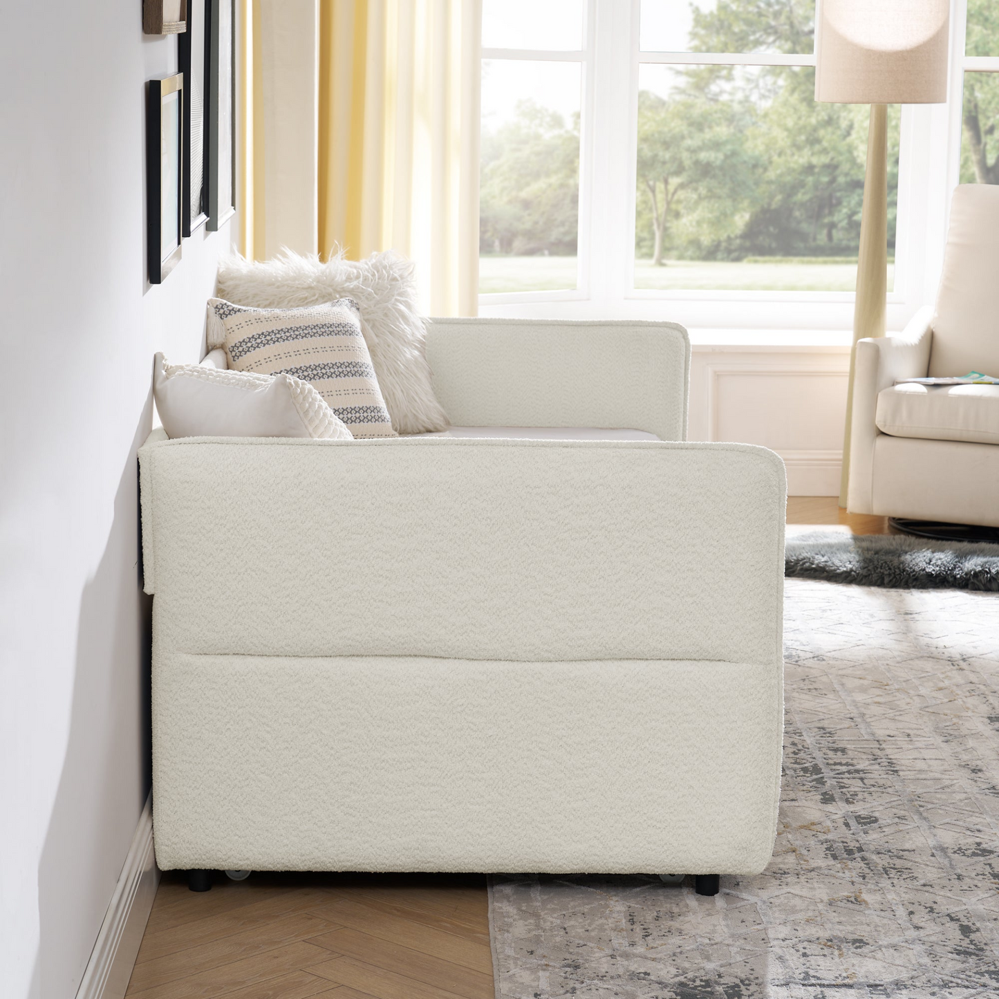 Daybed with Trundle Upholstered Tufted Sofa Bed, Twin Size, Boucle Fabric, Beige (83"x43"x29.5")
