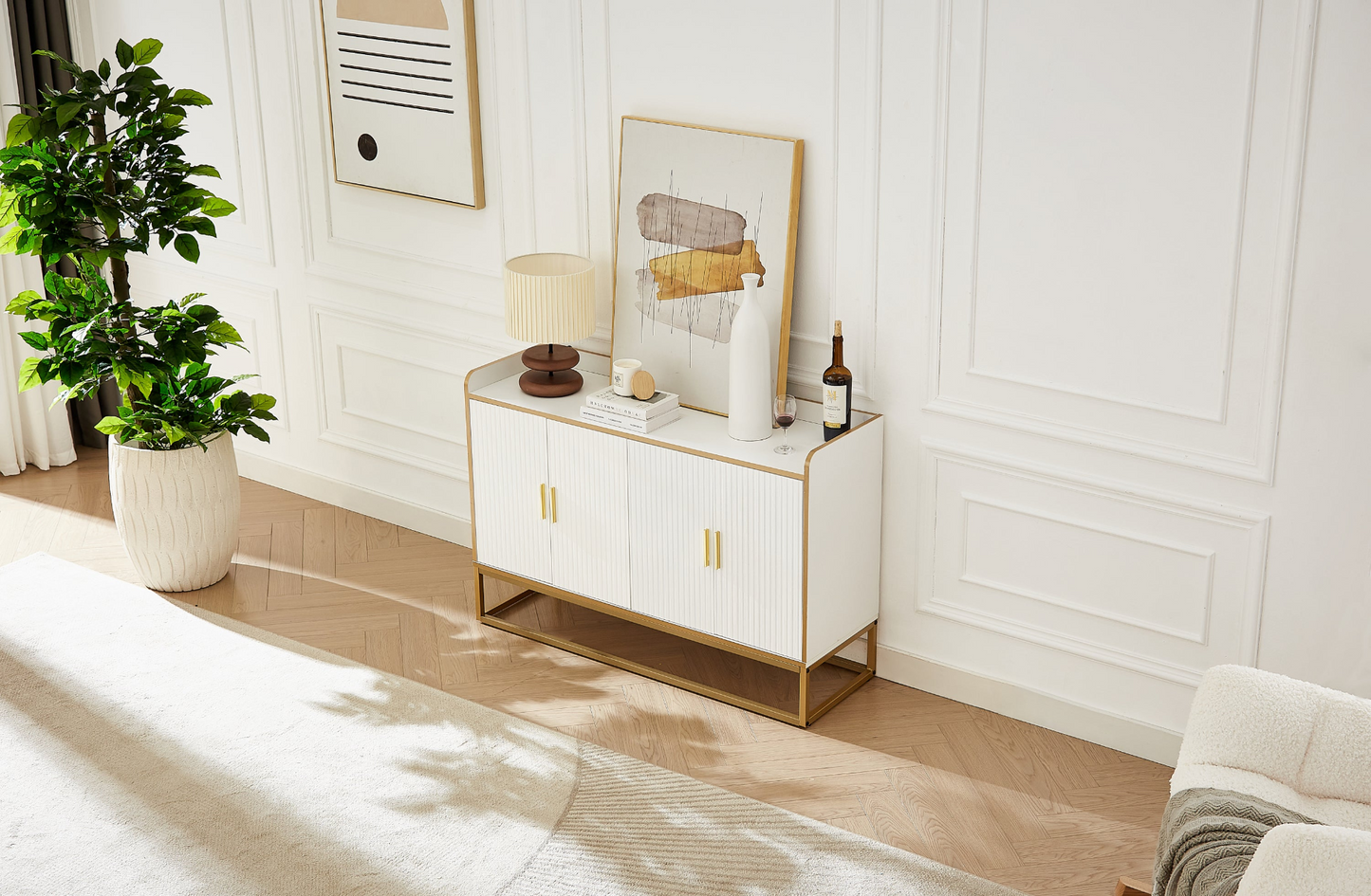 Modern Kitchen Buffet Storage Cabinet Cupboard White Gloss with Metal Legs for living room Kitchen