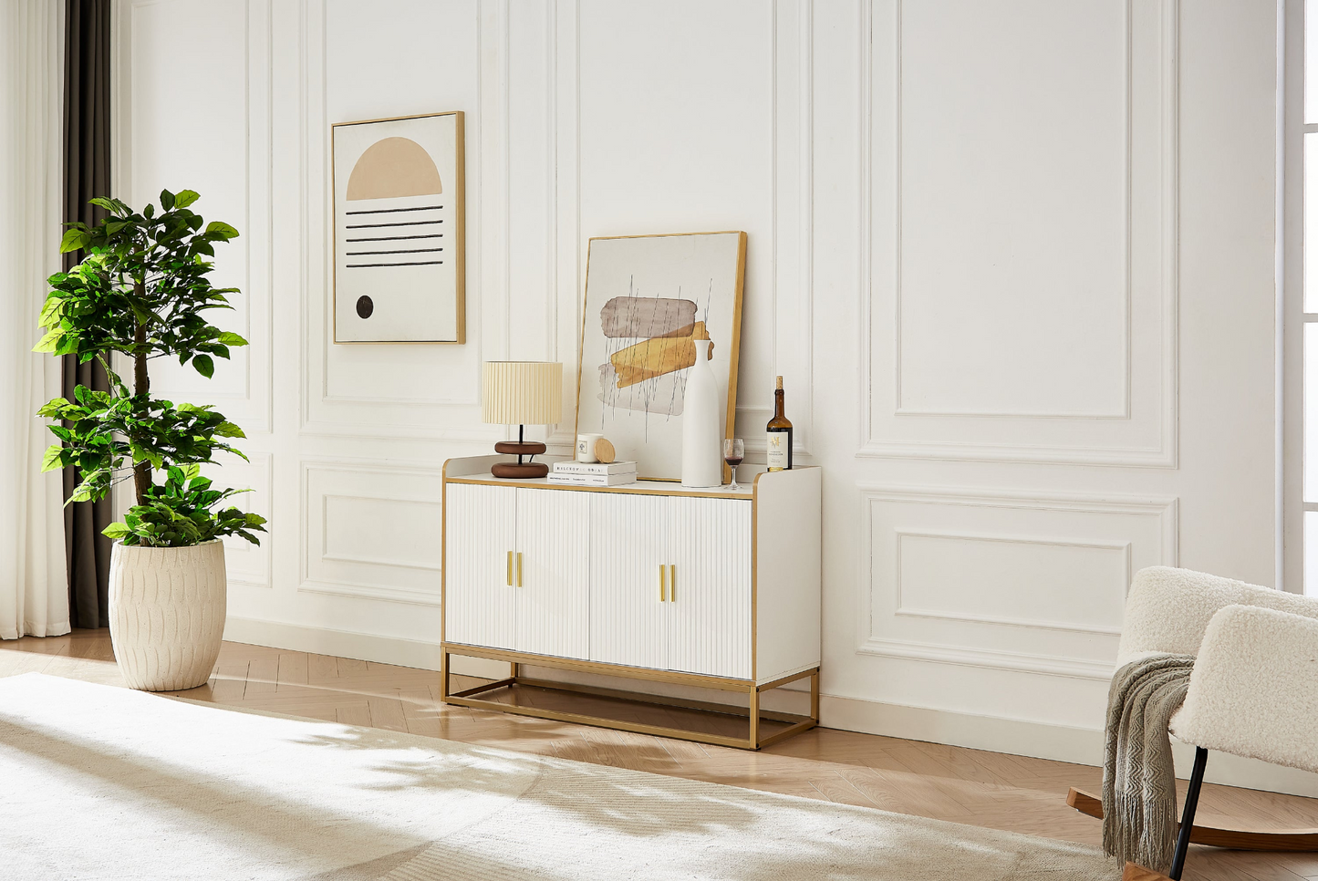 Modern Kitchen Buffet Storage Cabinet Cupboard White Gloss with Metal Legs for living room Kitchen